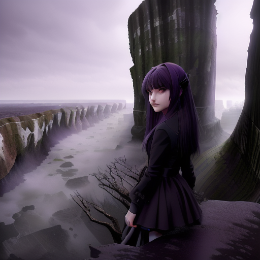 Lily stands on a treacherous cliff, overlooking a vast expanse of twisted trees and murky fog, with monstrous shadows lurking in the distance.